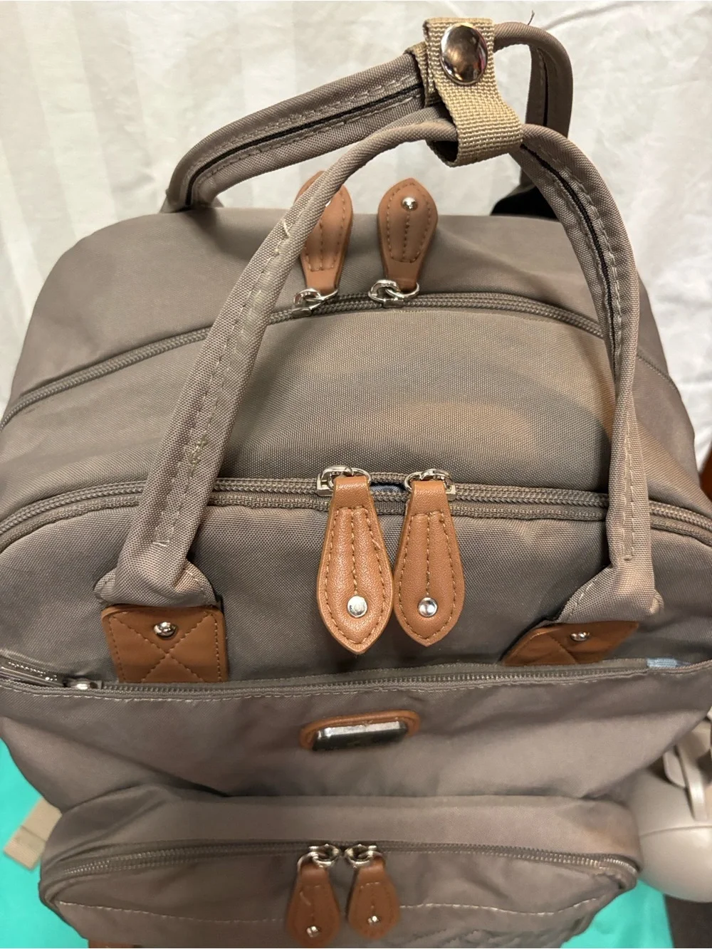 Diaper Backpack in Taupe with Tan Trim by